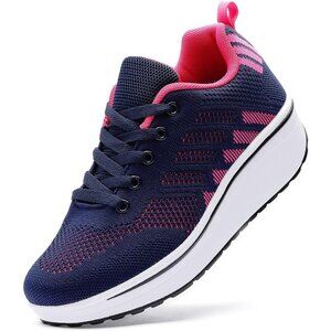 Wuiwuiyu Womens Blue Athletic Sport Wedge Platform Mesh Lace Up Rocker Sneakers
